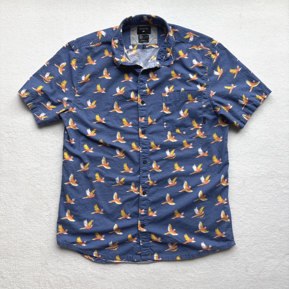 Quiksilver Button Down Shirt Mens Large Blue Tropical Bird Print Modern Fit S/S - Picture 1 of 16